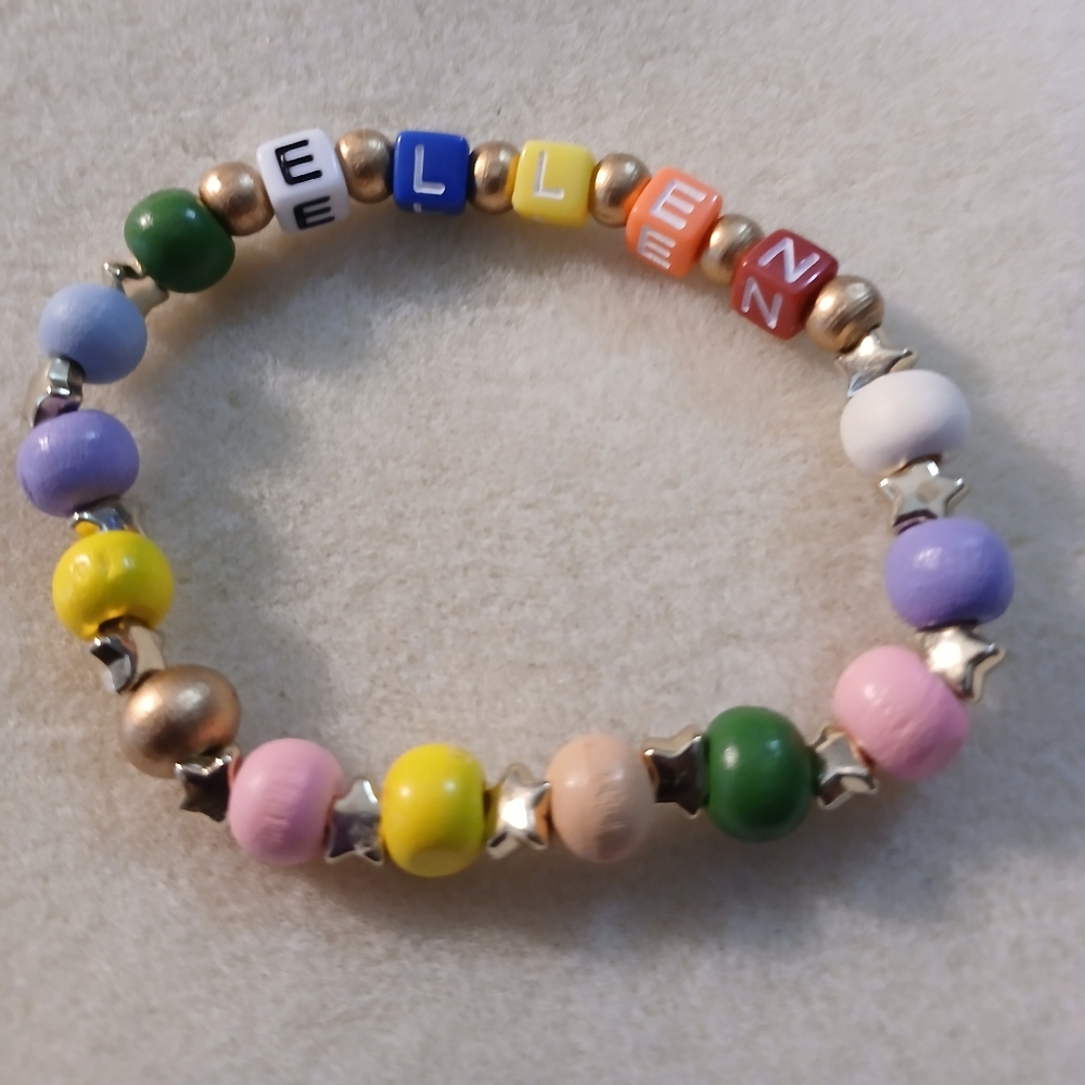 NWT Handcrafted Women's Colorful Wood Beaded Name Bracelet. "Ellen"